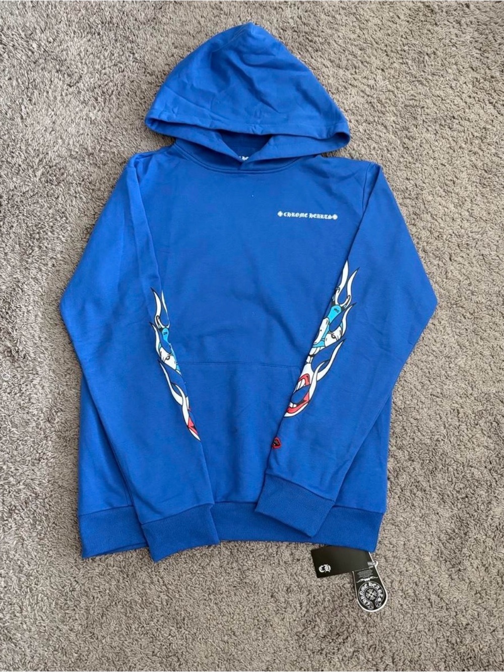 Chrome Hearts Royal Blue Zip-Up Hoodie with Flame Sleeve Graphics